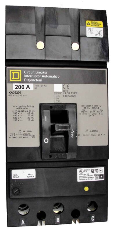 KA36200 - Square D - Molded Case Circuit Breaker I-Line Style Plug-In - 200 Amp - 3 Pole - 600 V