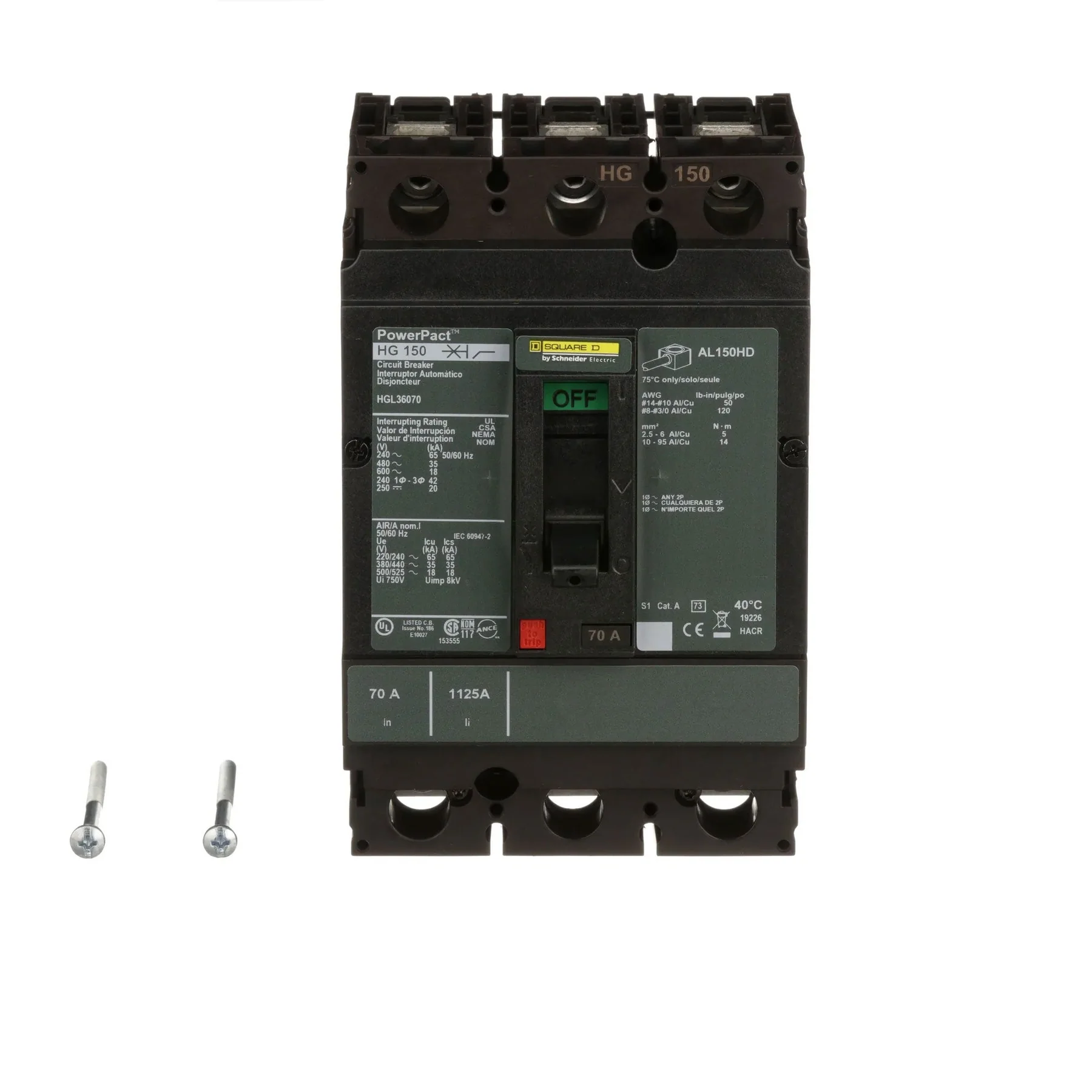 HGL36070 - Square D - Molded Case Circuit Breaker Feed-Thru - 70 Amp - 3 Pole - 600 Volt