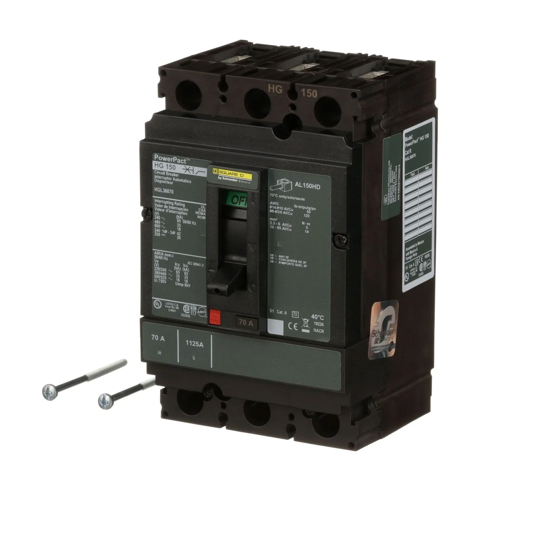 HGL36070 - Square D - Molded Case Circuit Breaker Feed-Thru - 70 Amp - 3 Pole - 600 Volt - Image 3