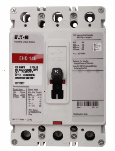 EHD3070 - Eaton - Molded Case Circuit Breaker Bolt-On - 70 Amp - 3 Pole - 480 Volt