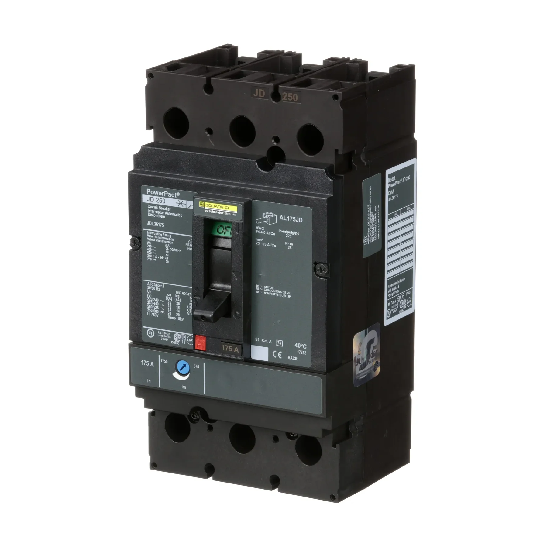 JDL36175 - Square D - Molded Case Circuit Breaker Feed-Thru - 175 Amp - 3 Pole - 600 Volt - Image 3