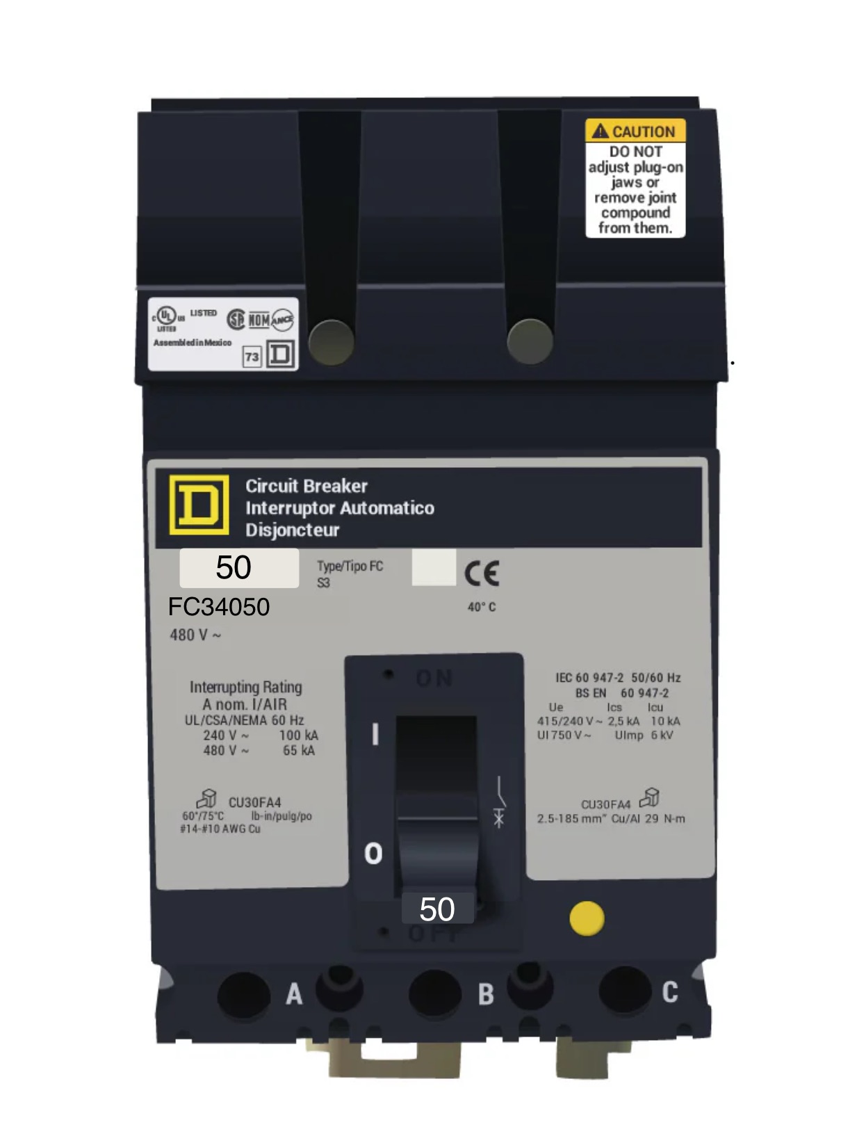 FC34050– Square D – 50 Amp Molded Case Circuit Breaker Plug-In – 50 Amp – 3 Pole – 480 Volt