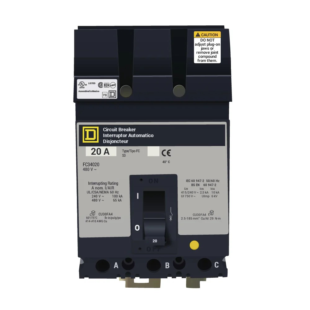 FC34020 - Square D - 20 Amp Molded Case Circuit Breaker Plug-In - 20 Amp - 3 Pole - 480 Volt