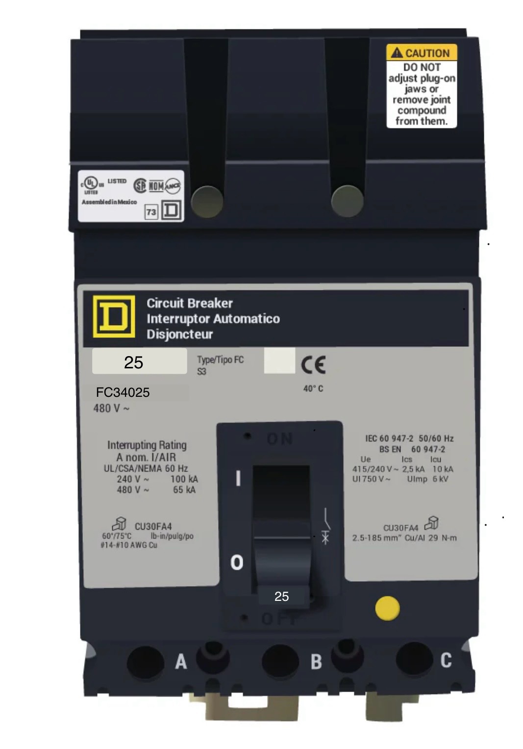 FC34025 - Square D - 25 Amp Molded Case Circuit Breaker Plug-In - 25 Amp - 3 Pole - 480 Volt