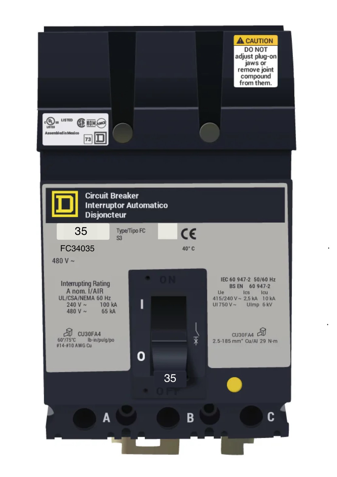 FC34035 - Square D - 35 Amp Molded Case Circuit Breaker Plug-In - 35 Amp - 3 Pole - 480 Volt