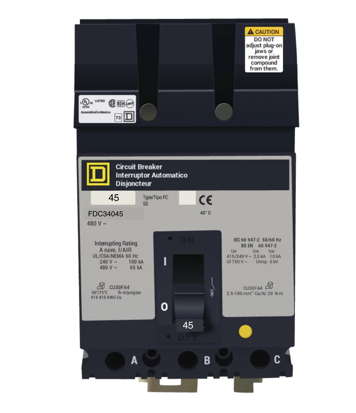 FC34045 – Square D – 45 Amp Molded Case Circuit Breaker Plug-In – 45 Amp – 3 Pole – 480 Volt