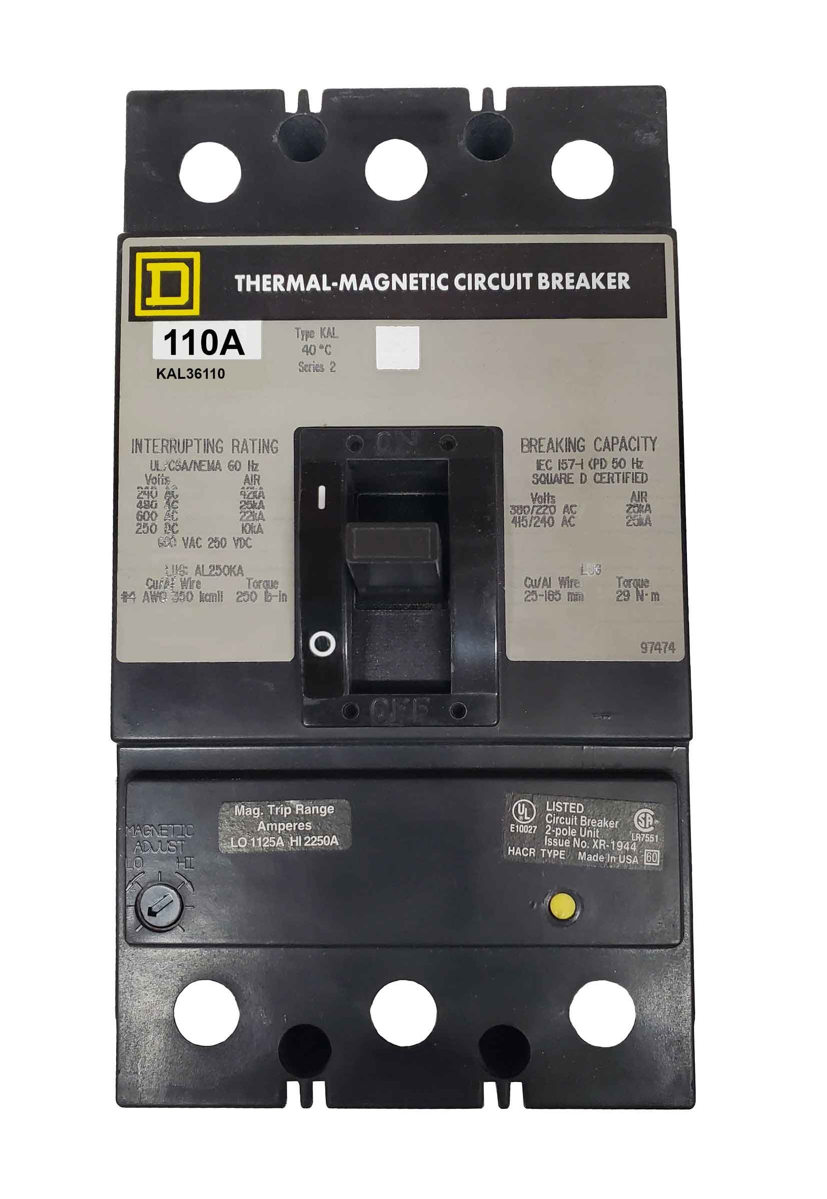 KAL36110 - Square D - Molded Case Circuit Breaker Feed-Thru - 110 Amp - 3 Pole - 600 V